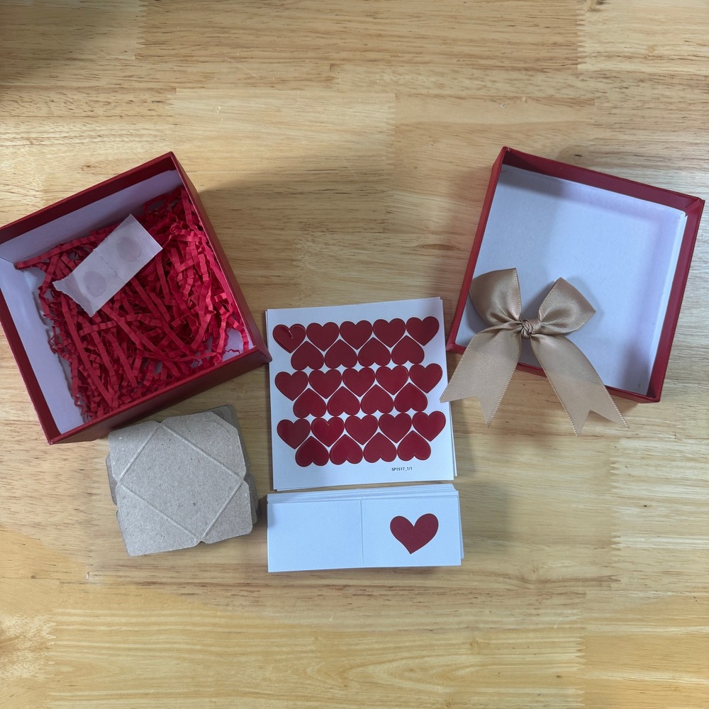 Red Heart Gift Box Set with 60 Mini Envelopes Cards Stickers and Gold Ribbon Bow